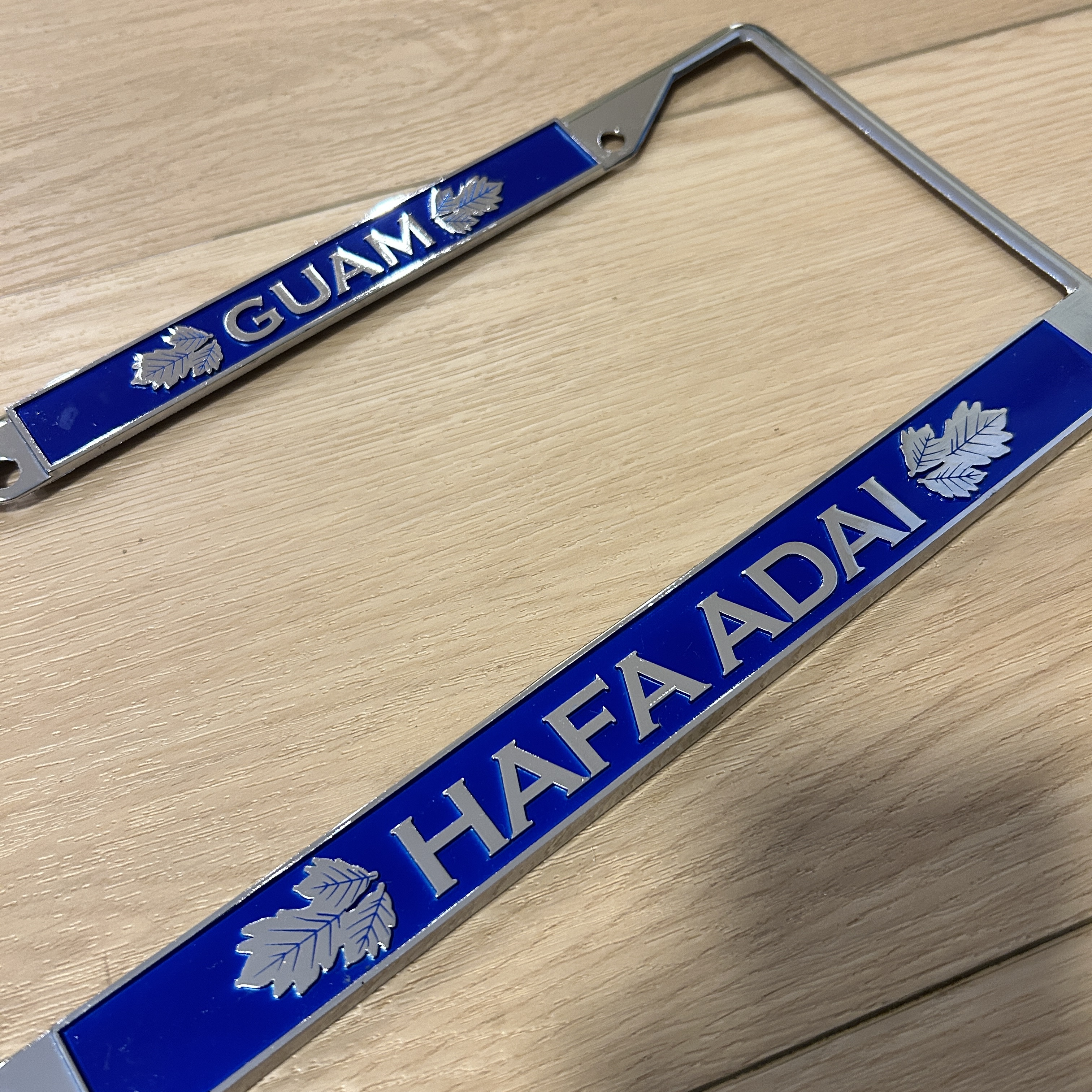 Breadfruit Leaves Ocean Blue Hafa Adai Guam Chrome License Plate Frame
