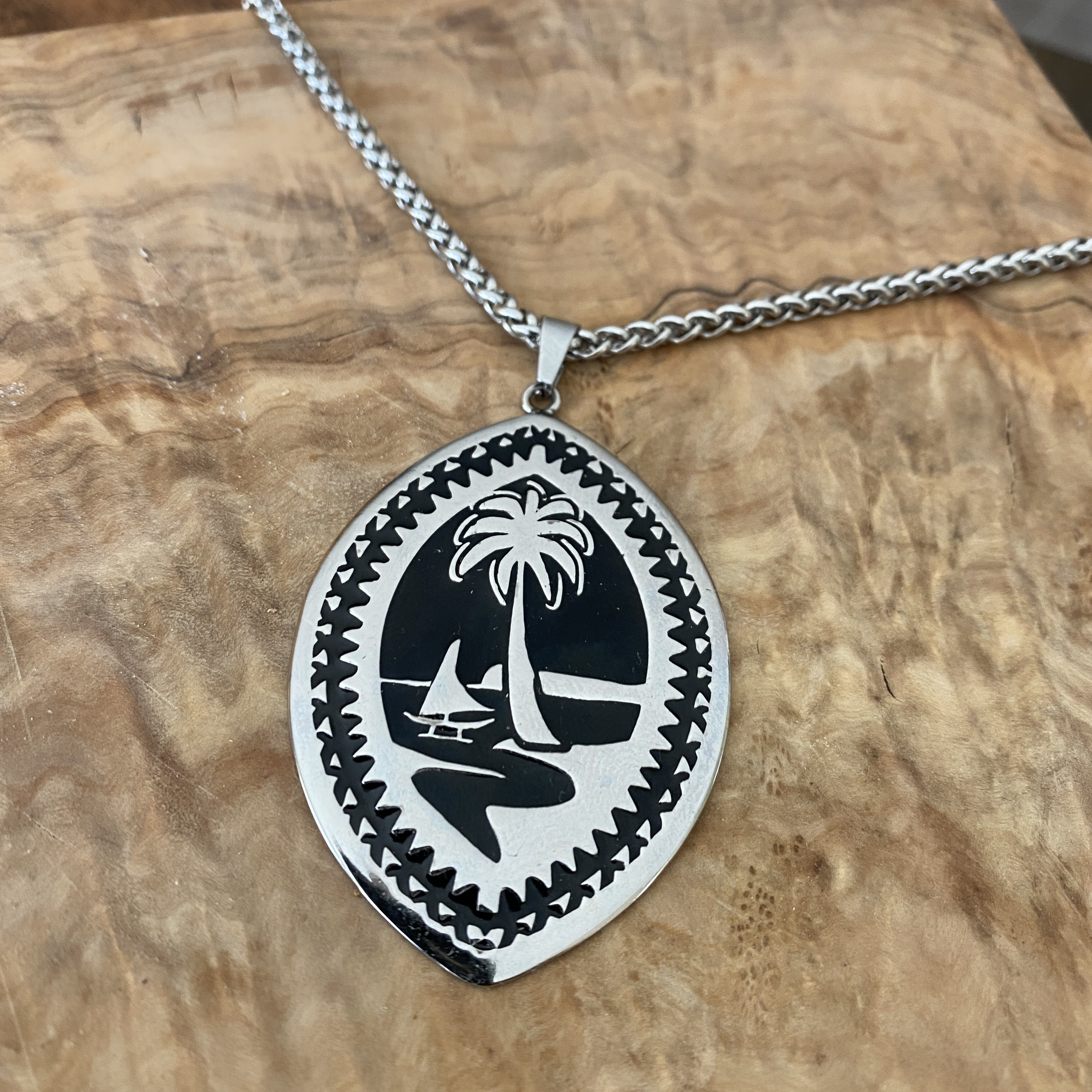 Stainless Steel Tribal Guam Seal Pendant And Braid Chain Necklace