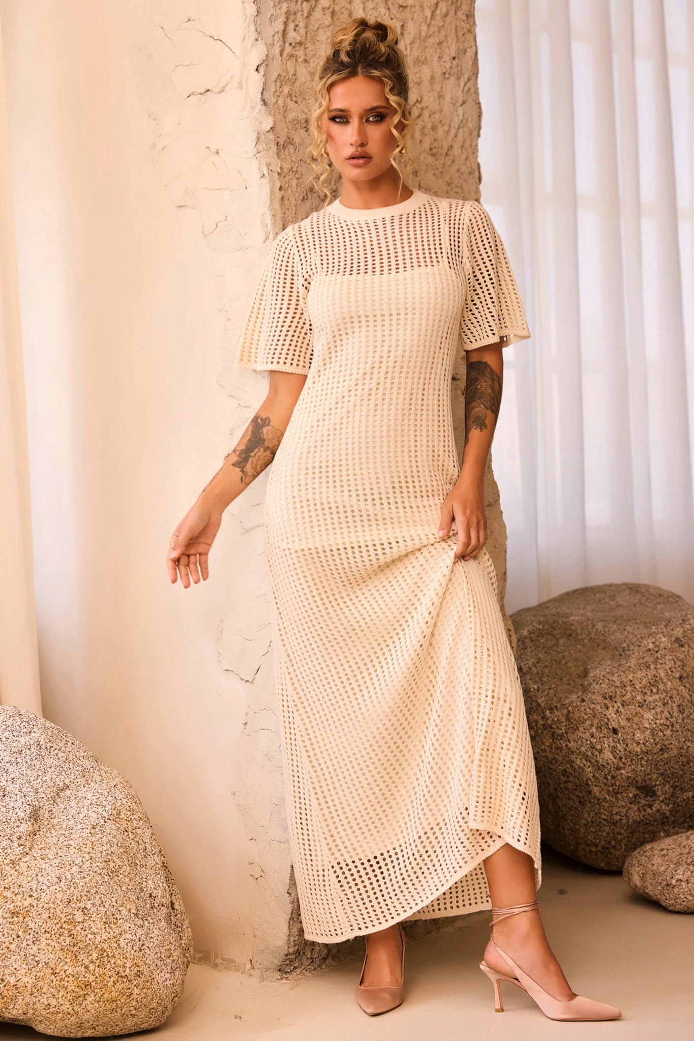 Rosalyn Crochet Maxi Dress - Beige | Sage and Paige AUS.