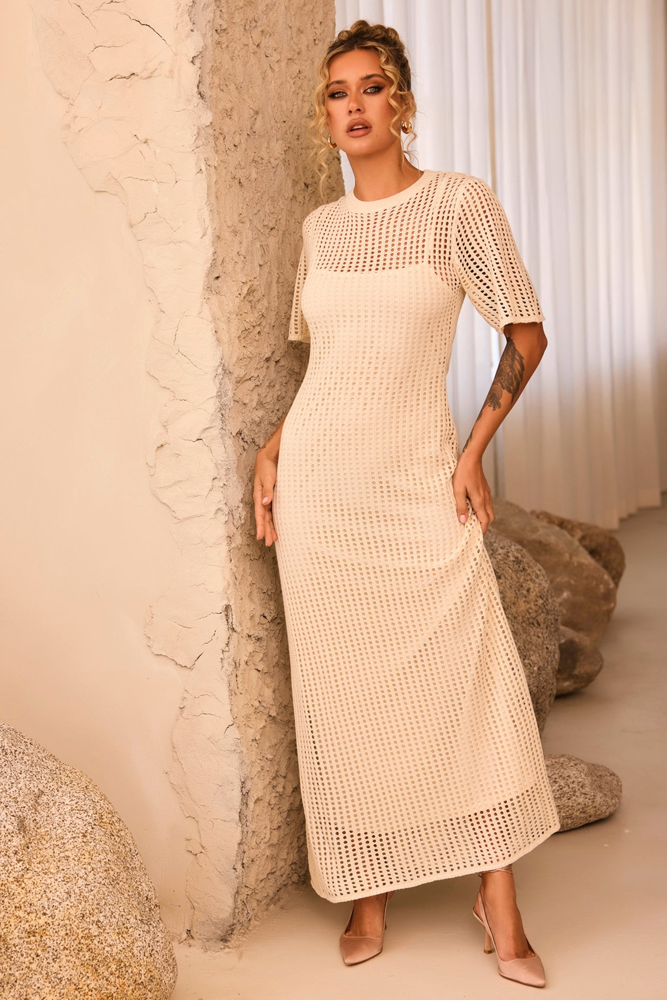 Rosalyn Crochet Maxi Dress - Beige | Sage and Paige AUS.