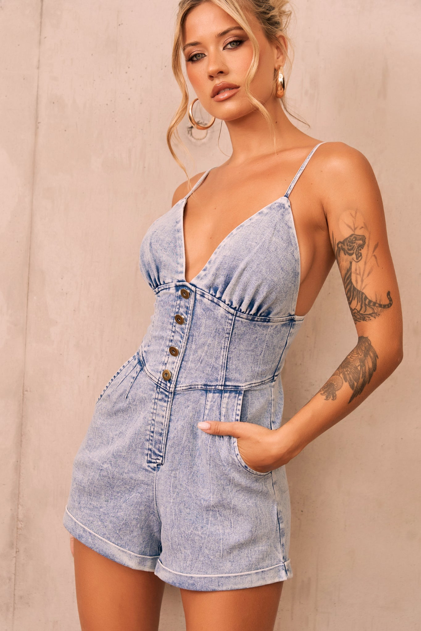 Cup Of Love Denim Playsuit - Washed Blue | Sage and Paige AUS.