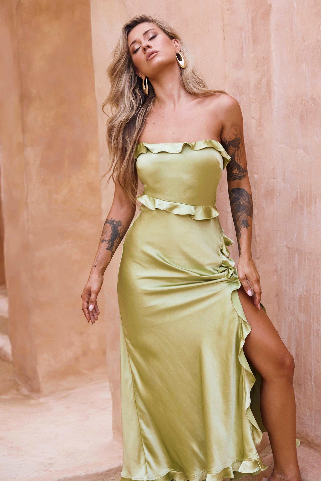 Frill All Up Maxi Dress - Olive | Sage and Paige AUS.