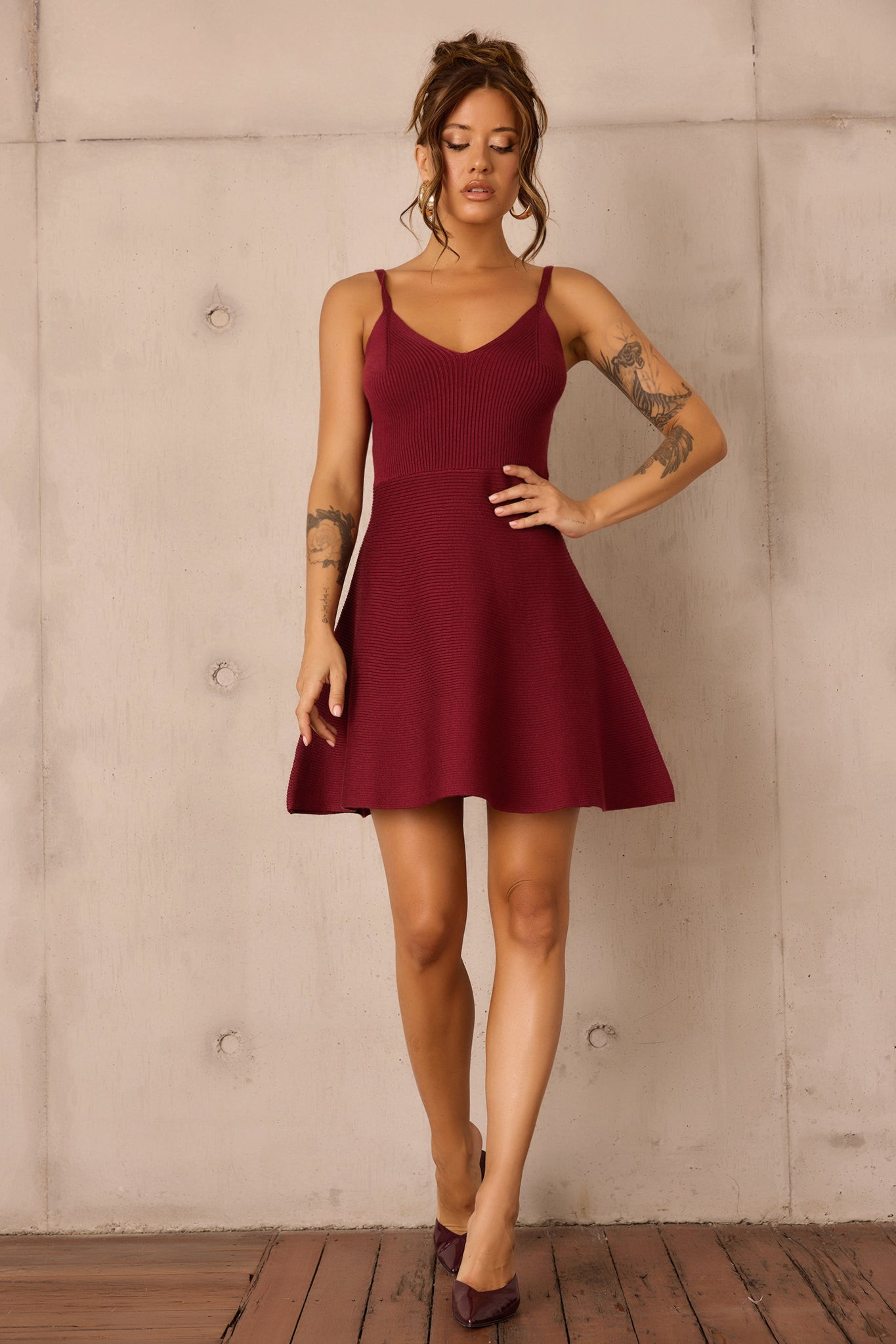 Tasha Knit Mini Dress Set - Wine