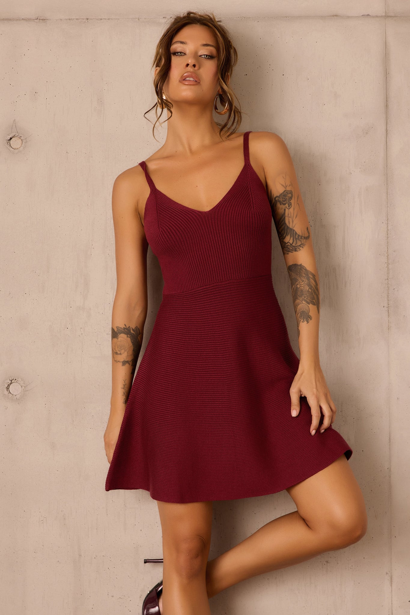 Tasha Knit Mini Dress Set - Wine