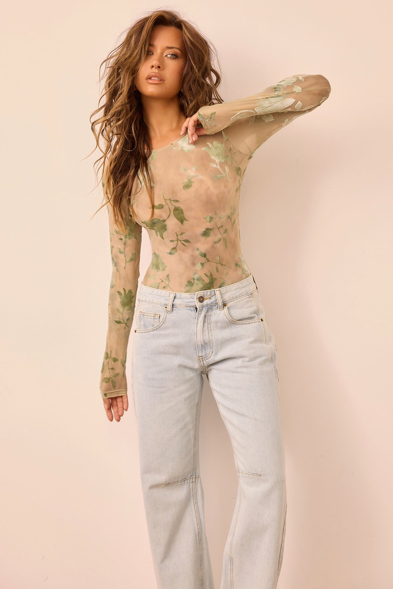 Petal Veil Flocking Mesh Bodysuit - Olive