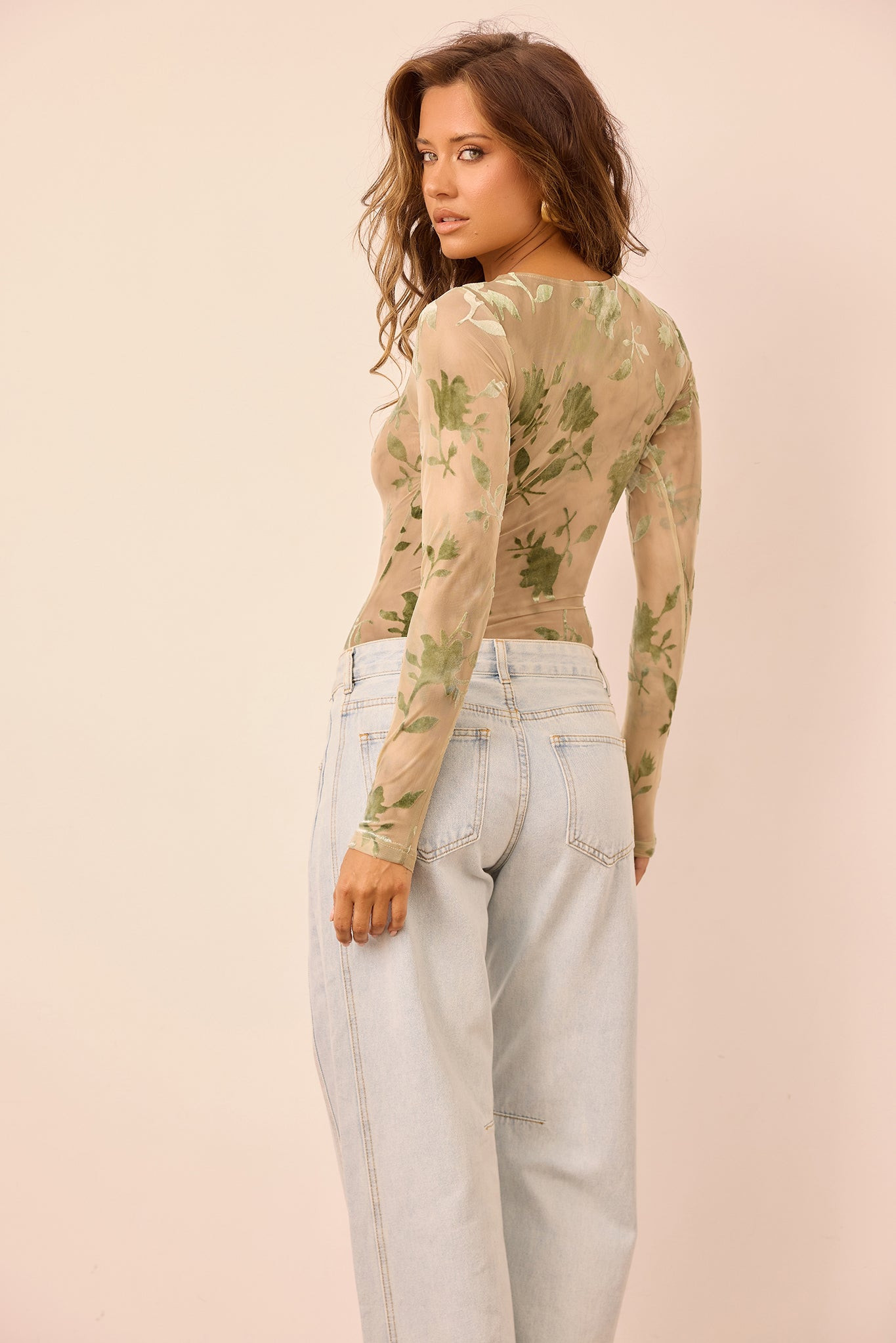 Petal Veil Flocking Mesh Bodysuit - Olive