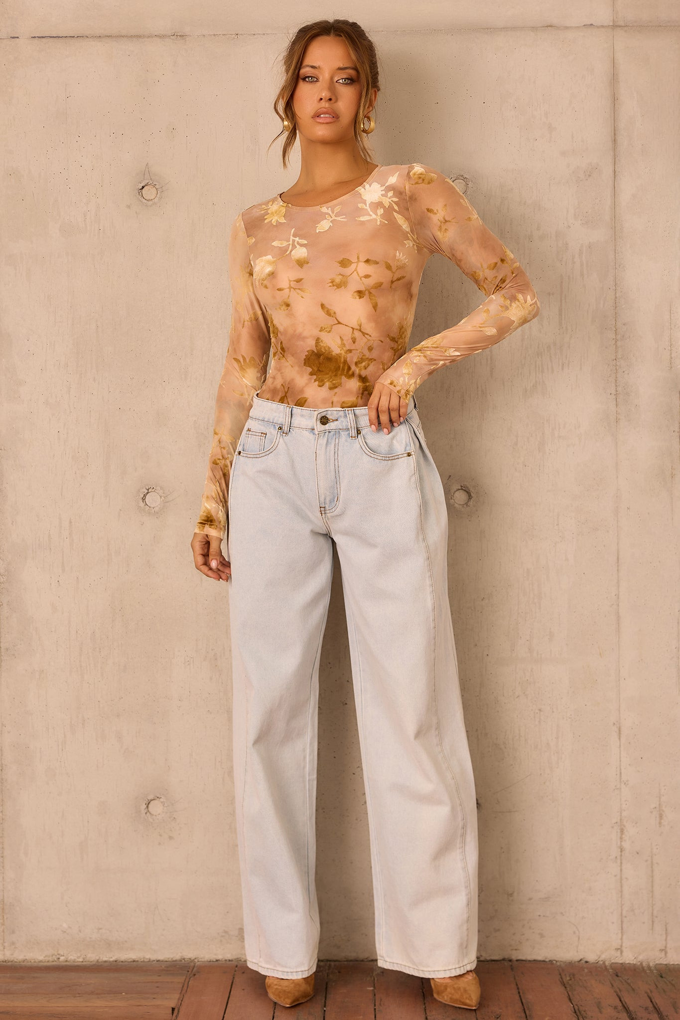 Petal Veil Flocking Mesh Bodysuit - Nude