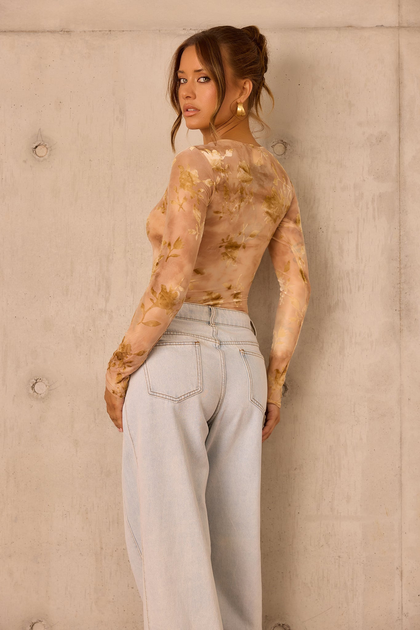 Petal Veil Flocking Mesh Bodysuit - Nude