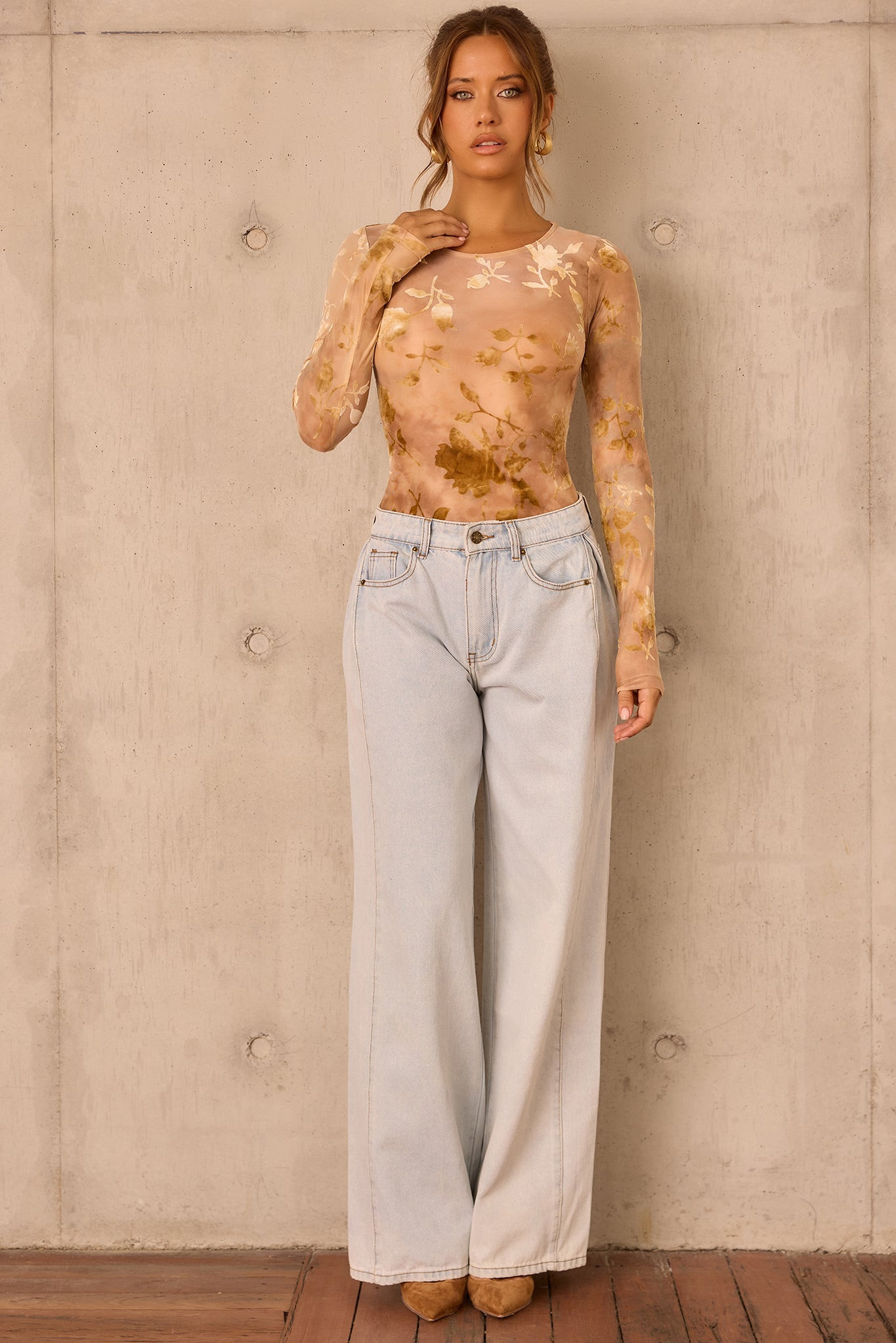 Petal Veil Flocking Mesh Bodysuit - Nude