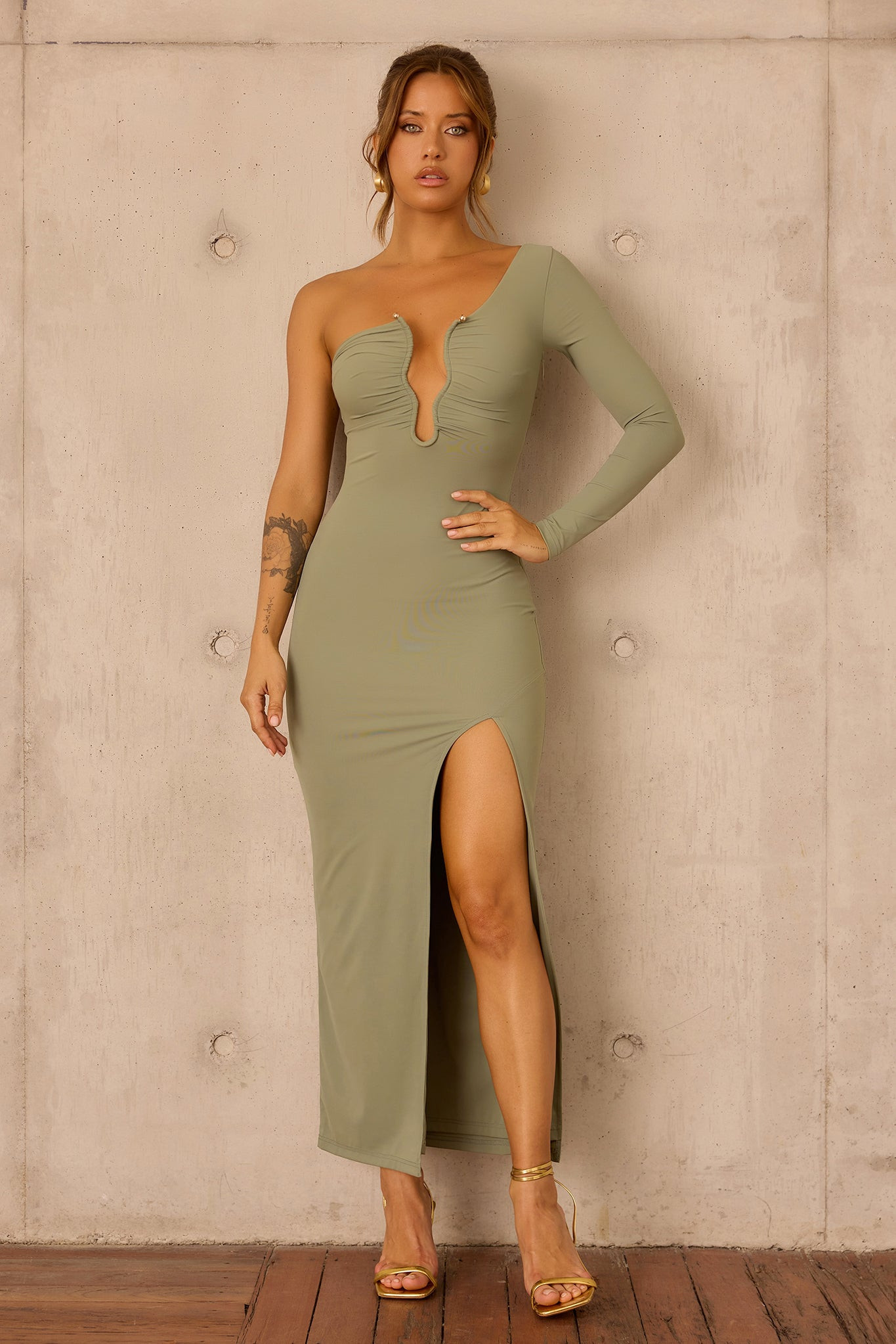 Nocturne Draped Maxi Dress - Olive