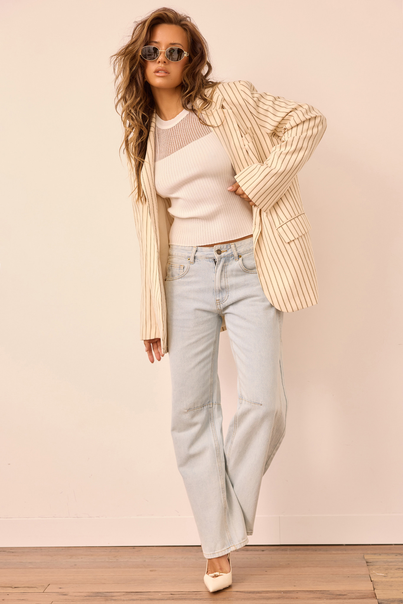 Strut With Style Woven Blazer - Cream Stripe