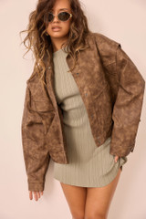 Washed Out Vegan Leather Jacket - Brown