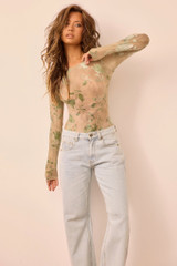 Petal Veil Flocking Mesh Bodysuit - Olive