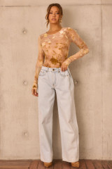 Petal Veil Flocking Mesh Bodysuit - Nude