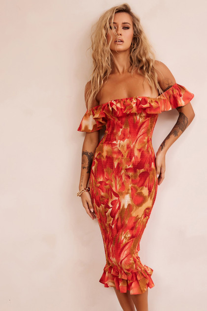 Fireball Midi Dress - Red Multi | Sage and Paige AUS. Fireball Midi Dress - Red Multi | Sage and Paige AUS.