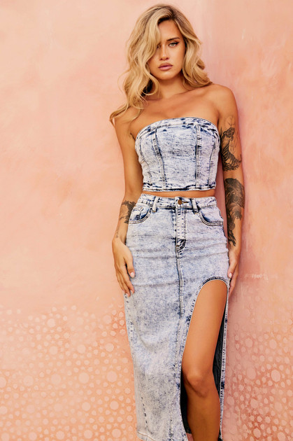 Clean Lines Denim Midi Skirt - Denim Blue | Sage and Paige AUS. Clean Lines Denim Midi Skirt - Denim Blue | Sage and Paige AUS.