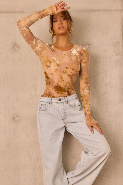 Petal Veil Flocking Mesh Bodysuit - Nude