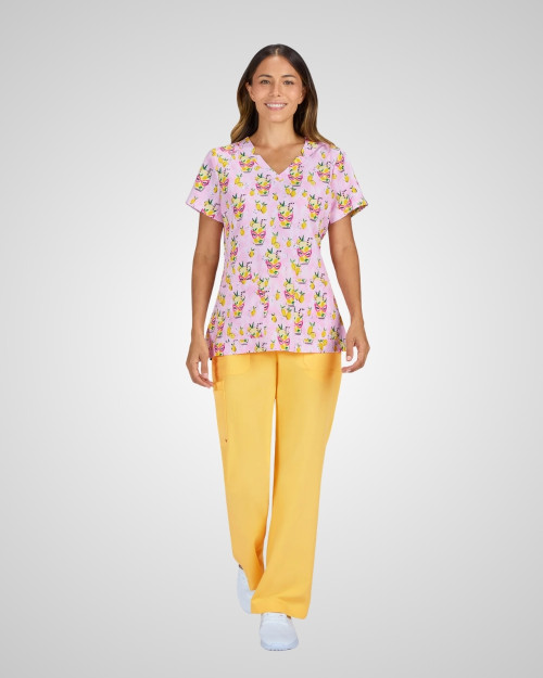Koi - Women's Print Scrub Top - Pink Lemonade