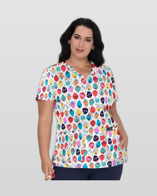 Koi - Women's Print Scrub Top - Berry Healthy