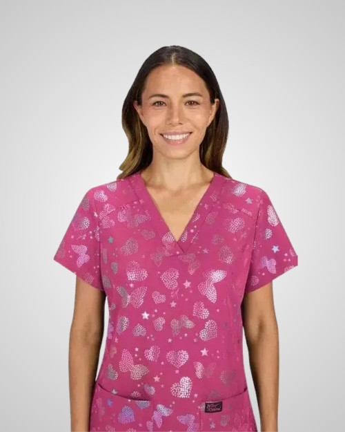 Koi - Women's Print Scrub Top - Butterfly Aura Flamingo