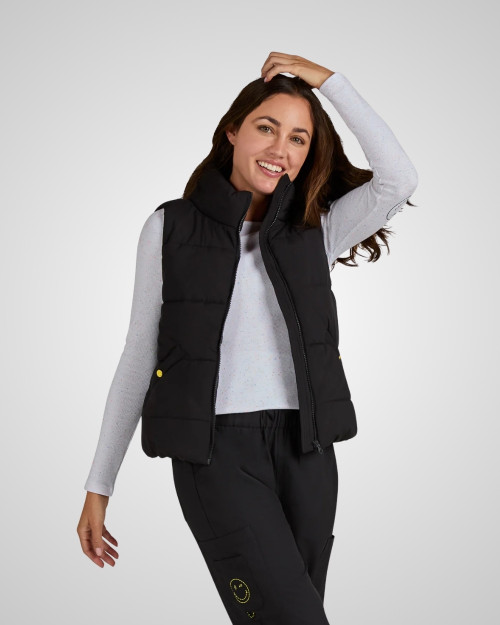 Koi - Delighted Puffer Vest - Black Smiley