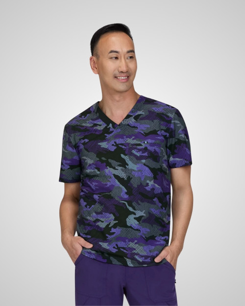 Koi - Men's Print Scrub Top - Distressed Camo