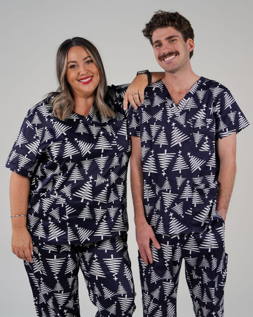 elitecare Unisex Print Scrub Top - Navy Trees