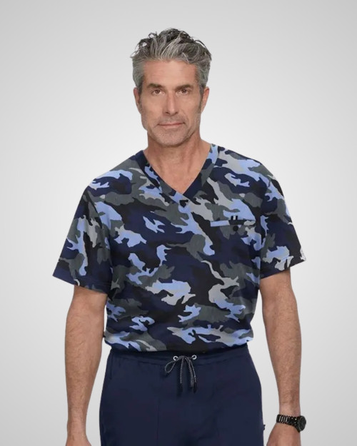 Koi - Men's Print Scrub Top - Heather Camo
