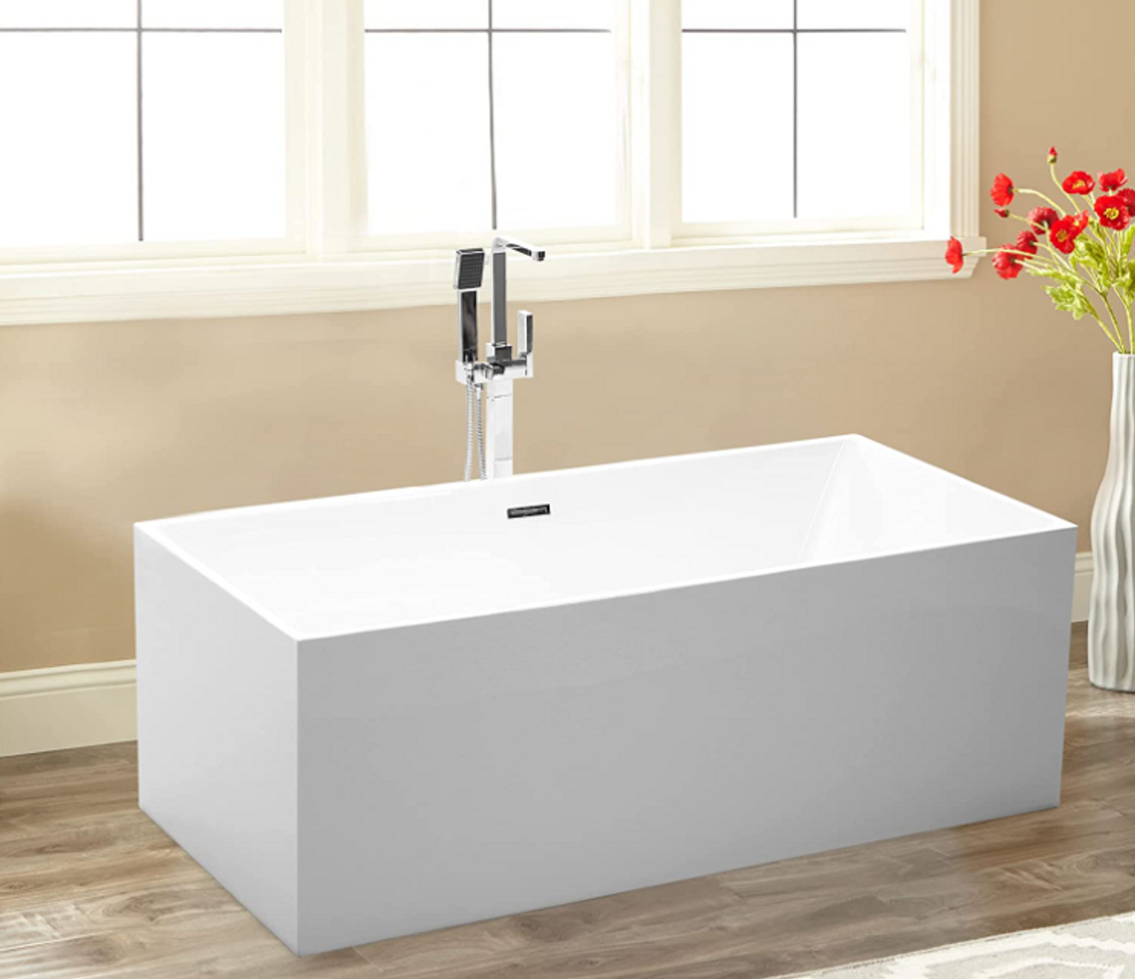 Jensen Freestanding White Acrylic Bathtub Modern Alone Soaking Tub with UPC Slotted Overflow and Pop-up Drain (67" x 32")