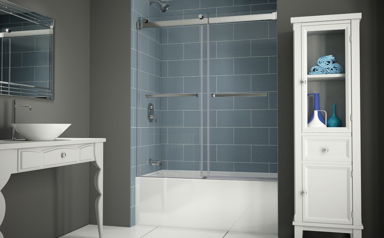 Fleurco Gemini 60 Tub Bypass Frameless Sliding Doors Brushed