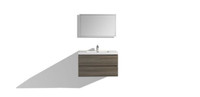 Angela 24 inch wall mount bathroom vanity with black countertop and wood stained cabinet