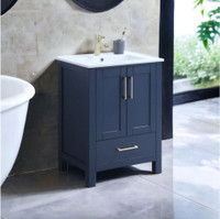 24-inch navy blue Royal Armada floor-standing bathroom vanity with quartz countertop and undermount ceramic sink