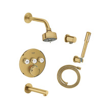 Grohe Grohtherm Thermostatic Shower System with Shower Head, Hand Shower, Shower Arm, Hose, and Tub Spout - Valve Included - Brushed Cool Sunrise Grohe Grohtherm Thermostatic Shower System with Shower Head, Hand Shower, Shower Arm, Hose, and Tub Spout - Valve Included - Brushed Cool Sunrise