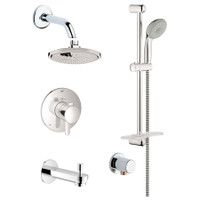 Grohe Europlus Thermostatic Shower System with Rain Shower Head, Handshower, Slide Bar, Wall Supply, Tub Spout, Integrated Diverter and Volume Control - Rough-In Valve Included - Starlight Chrome Grohe Europlus Thermostatic Shower System with Rain Shower Head, Handshower, Slide Bar, Wall Supply, Tub Spout, Integrated Diverter and Volume Control - Rough-In Valve Included - Starlight Chrome