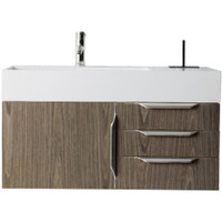 James Martin Vanities Mercer Island 36" Wall Mounted Single Basin Wood Vanity Set with USB/Electrical Outlet and Glossy White Solid Surface Vanity Top - Ash Gray