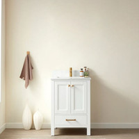 24 inch single bathroom vanity in white with composite Carrara stone countertop and brushed gold hardware