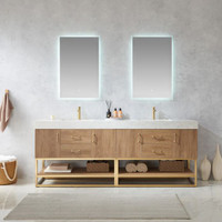 84 inch double vanity in North American oak with white grain stone countertop and brushed gold hardware