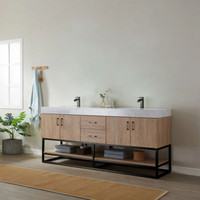 72" Double Vanity in North American Oak with White Grain Stone Countertop