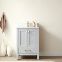 24 inch single bathroom vanity in Paris Grey with composite Carrara White stone countertop and brushed gold hardware