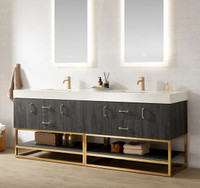 84 inch double vanity in North American black oak with white grain stone countertop and brushed gold hardware