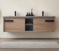 72 inch oak double sink bathroom vanity with grey sintered stone countertop and soft-close drawers