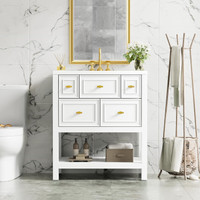30 inch solid wood bathroom vanity with golden handles, 4 drawers, pull-out drawer, open shelf, and embedded resin sink