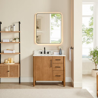 Altair Velora Bathroom Vanity in Mango Brown with Grain White Engineered Stone Countertop Altair Velora Bathroom Vanity in Mango Brown with Grain White Engineered Stone Countertop