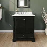 Wyndham Collection Deborah 30" Free Standing Single Basin Vanity Set with Cabinet and Cultured Marble Vanity Top for Widespread Faucets
