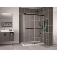 Fleurco | Gemini 54 -2 Sided Frameless Sliding Doors  with Return Panel Matte Black. Fleurco | Gemini 54 -2 Sided Frameless Sliding Doors  with Return Panel Matte Black.