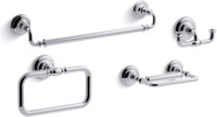 Kohler Artifacts 18" Towel Bar, Towel Ring, Pivoting Toilet Paper Holder, and Double Post Robe Hook Bundle