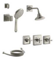 Kohler logo Kohler Pinstripe Thermostatic Shower System with Single Function Shower Head, Hand Shower, Cross Handle Valve Trims Kohler logo Kohler Pinstripe Thermostatic Shower System with Single Function Shower Head, Hand Shower, Cross Handle Valve Trims