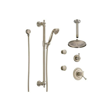 Brizo Baliza Thermostatic Shower System with Rain Shower Head, Hand Shower with Slide Bar, 6 Function Diverter, and 2 Body Sprays