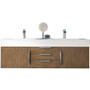 James Martin Vanities Mercer Island 59" Wall Mounted Double Basin Wood Vanity Set with USB/Electrical Outlet and Glossy White Solid Surface Vanity Top - Latte Oak