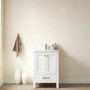 24 inch single bathroom vanity in white with composite Carrara stone countertop and brushed gold hardware